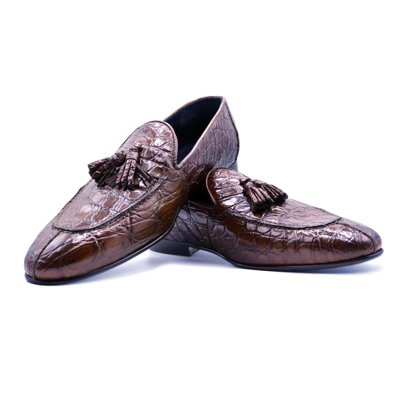 Zelli Maximo Crocodile Tassel Loafers Cognac