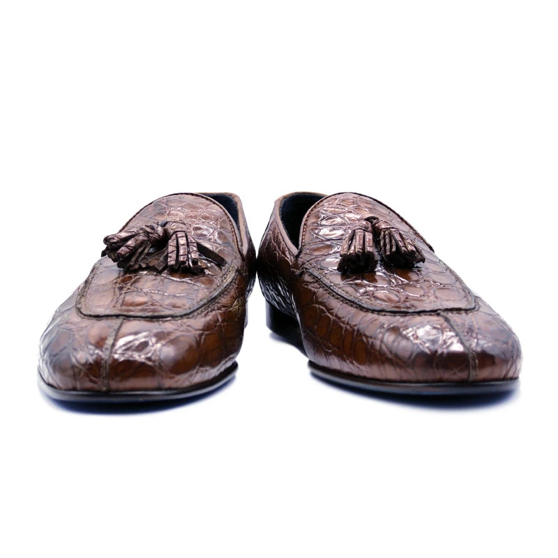 Zelli Maximo Crocodile Tassel Loafers Cognac