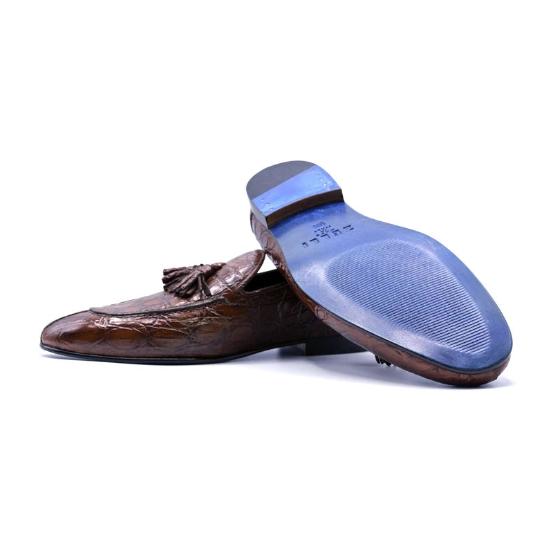 Zelli Maximo Crocodile Tassel Loafers Cognac