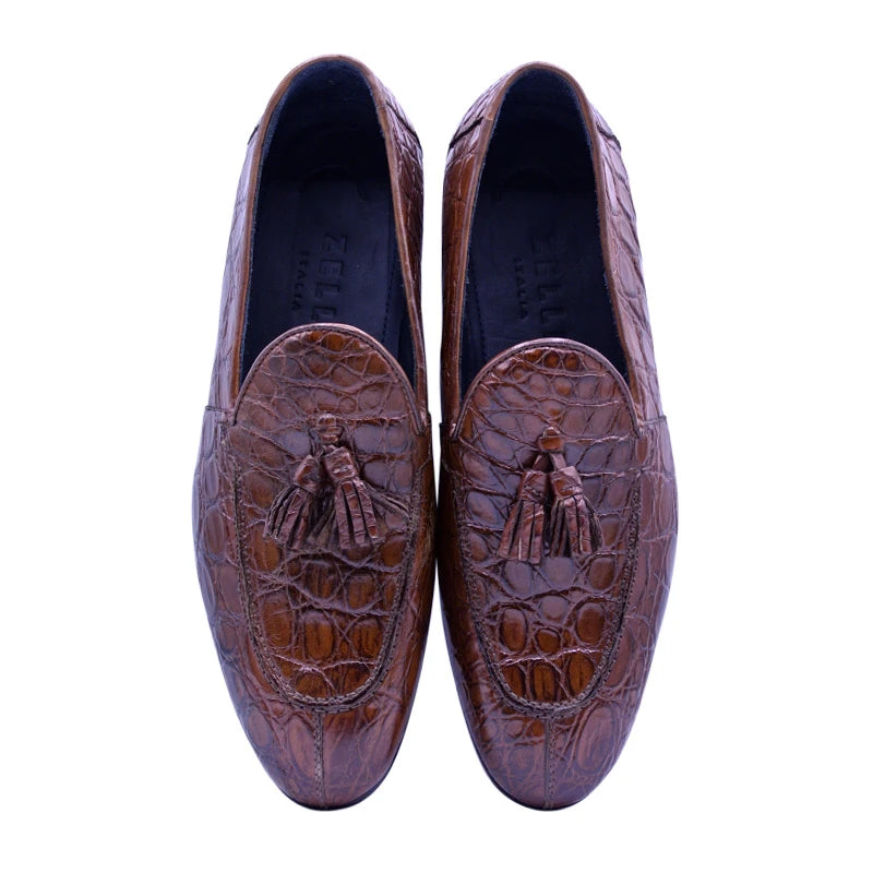 Zelli Maximo Crocodile Tassel Loafers Cognac
