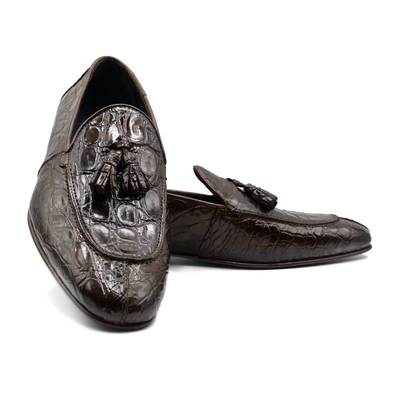Zelli Maximo Crocodile Tassel Loafers Nicotine