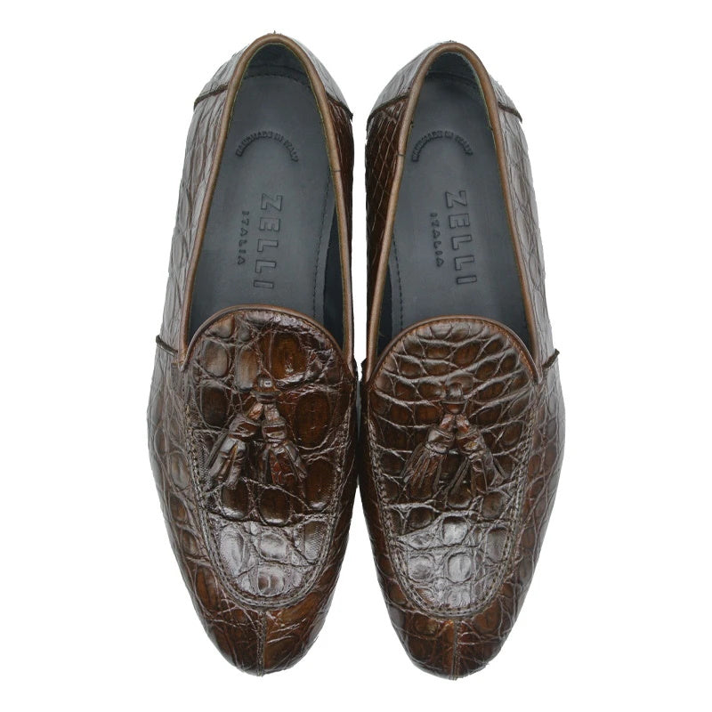 Zelli Maximo Crocodile Tassel Loafers Nicotine