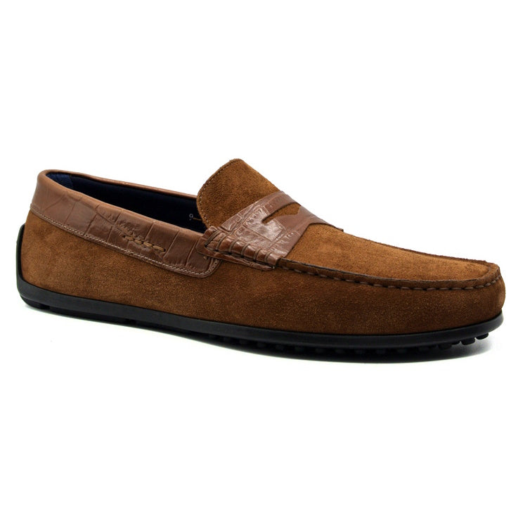 Zelli Monza Suede & Embossed Crocodile Driving Shoes Cognac