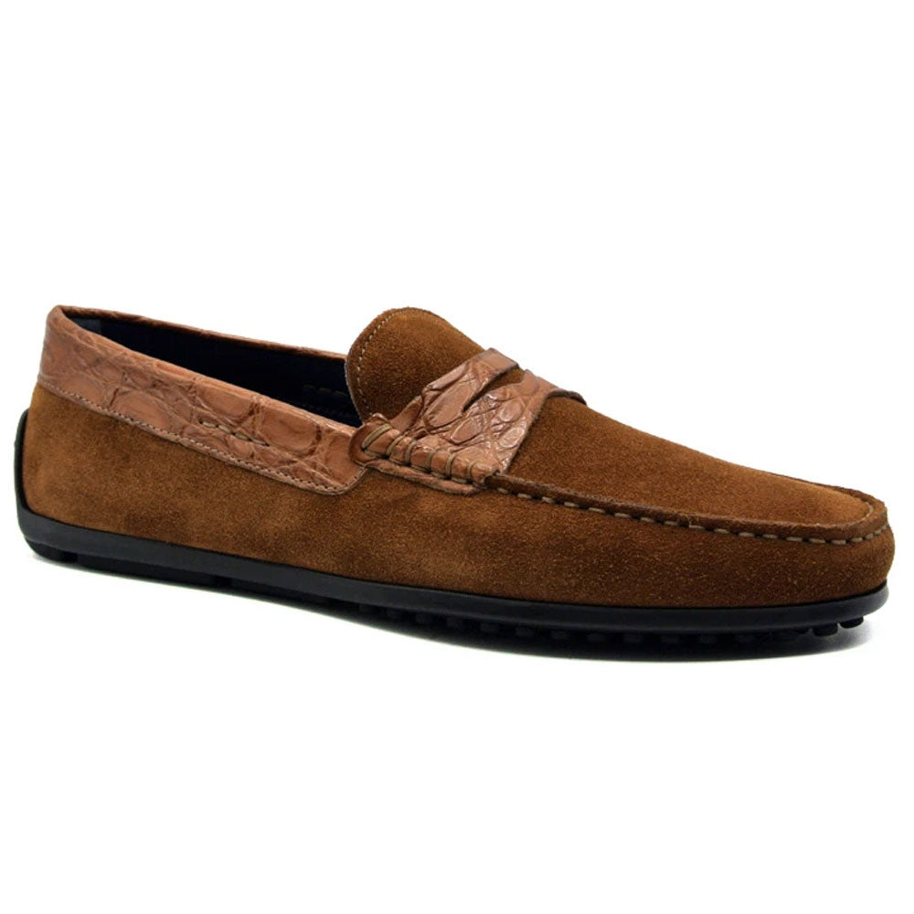 Zelli Monza Suede & Crocodile Driving Shoes Cognac