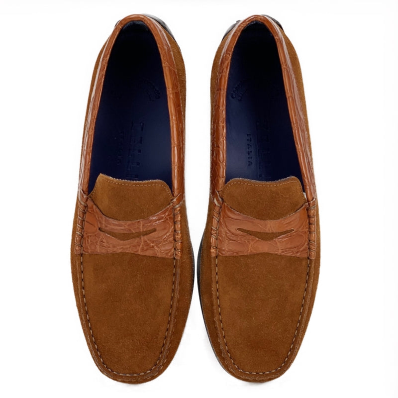 Zelli Monza Suede & Crocodile Driving Shoes Cognac (31-160-CGN)