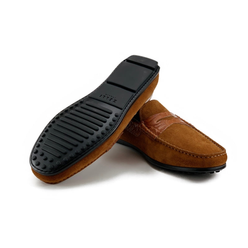 Zelli Monza Suede & Crocodile Driving Shoes Cognac (31-160-CGN)