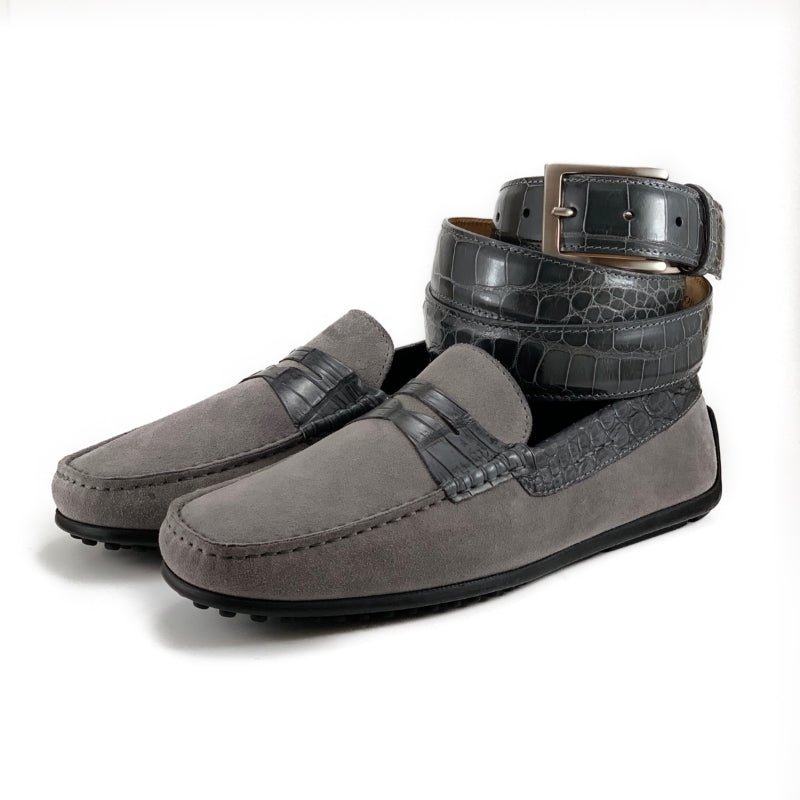 Zelli Monza Suede & Crocodile Driving Shoes Gray (31-160-GRY)