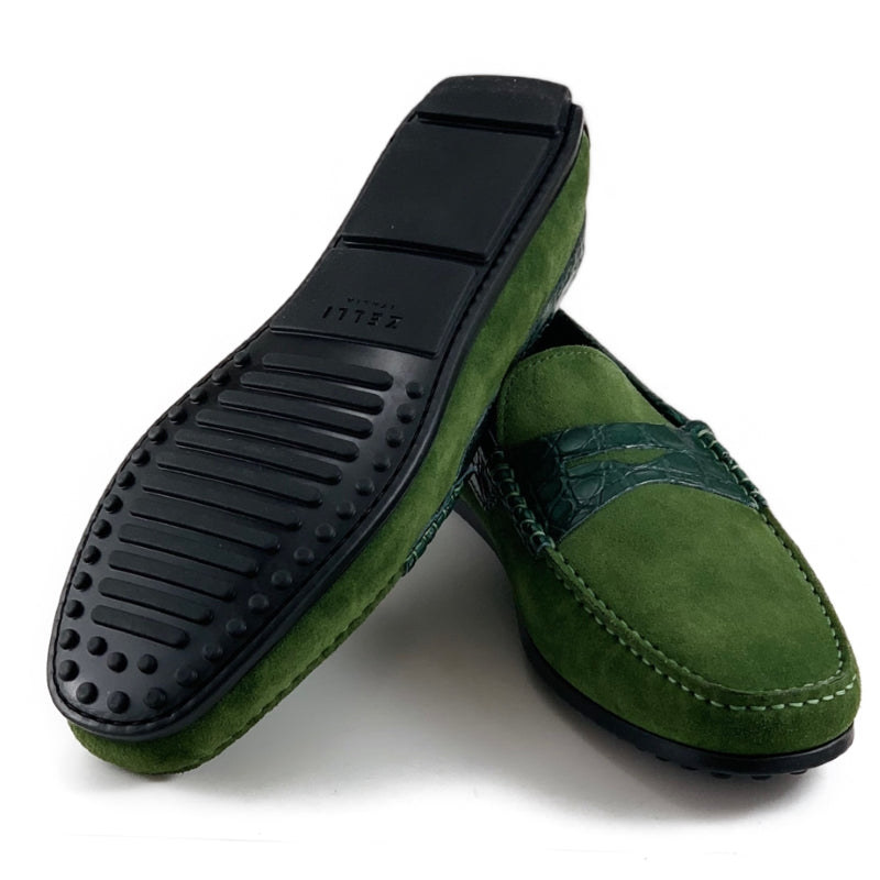 Zelli Monza Suede & Crocodile Driving Shoes Green