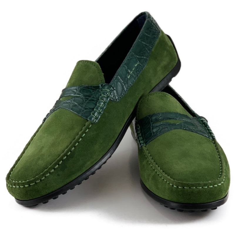 Zelli Monza Suede & Crocodile Driving Shoes Green