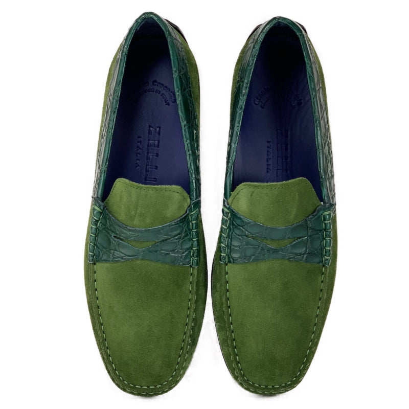 Zelli Monza Suede & Crocodile Driving Shoes Green