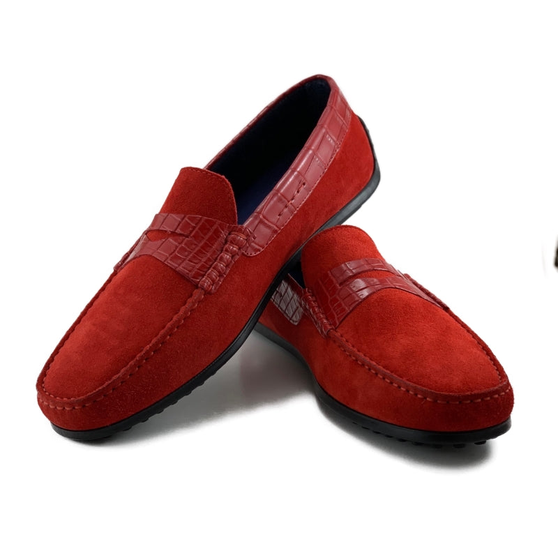 Zelli Monza Suede & Crocodile Driving Shoes Red (31-160-RED)