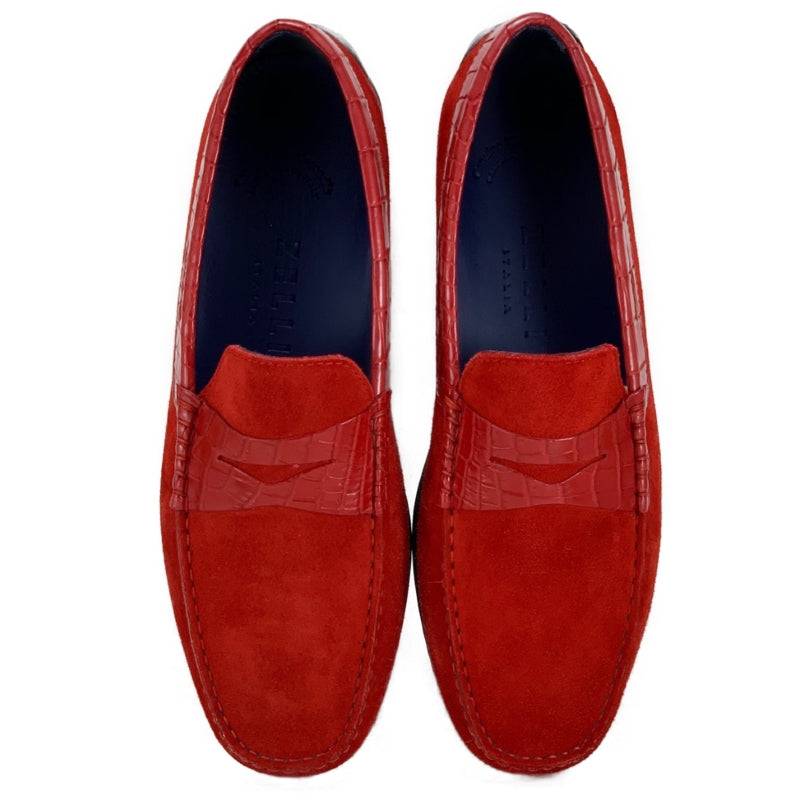 Zelli Monza Suede & Crocodile Driving Shoes Red (31-160-RED)