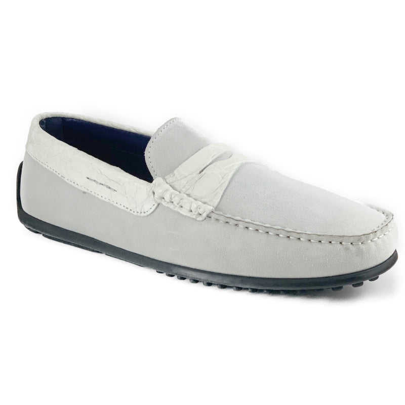 Zelli Monza Suede & Crocodile Driving Shoes White
