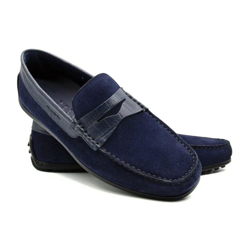 Zelli Monza Suede & Embossed Crocodile Driving Shoes Navy (31-161-NVY)