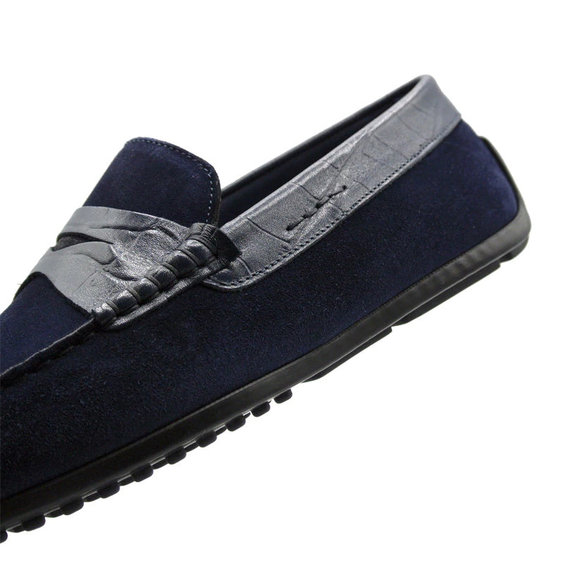 Zelli Monza Suede & Embossed Crocodile Driving Shoes Navy (31-161-NVY)