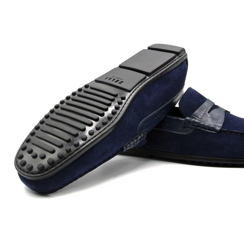 Zelli Monza Suede & Embossed Crocodile Driving Shoes Navy (31-161-NVY)