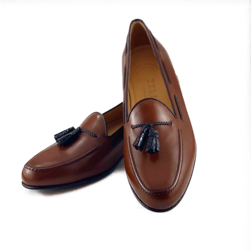 Zelli Naples Calf & Crocodile Tassel Loafers Cognac