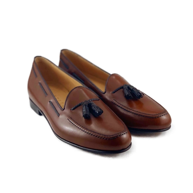 Zelli Naples Calf & Crocodile Tassel Loafers Cognac