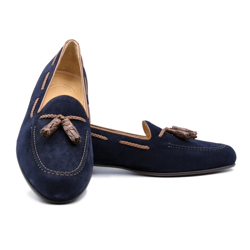 Zelli Naples Suede & Crocodile Tassel Loafers Navy (16-584-NVY)