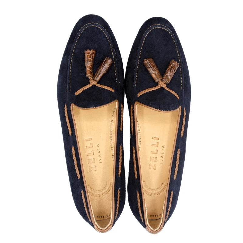 Zelli Naples Suede & Crocodile Tassel Loafers Navy (16-584-NVY)