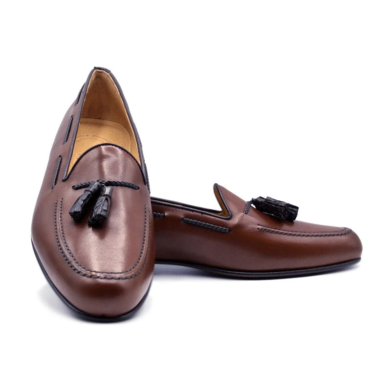 Zelli Naples Calf & Crocodile Tassel Loafers Cognac