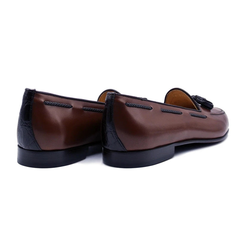 Zelli Naples Calf & Crocodile Tassel Loafers Cognac