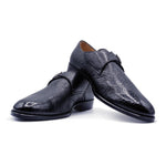 Zelli Peccary Plain Toe Monk Strap Shoes Black