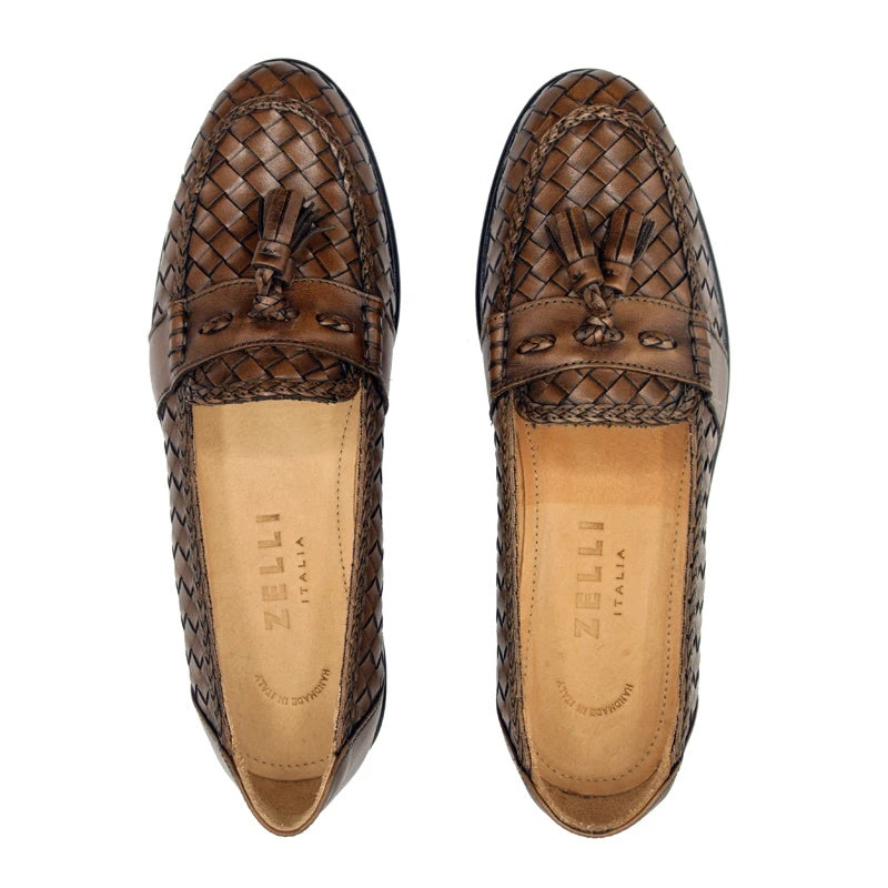 Zelli Riviera Woven Calfskin Tassel Loafers Brown