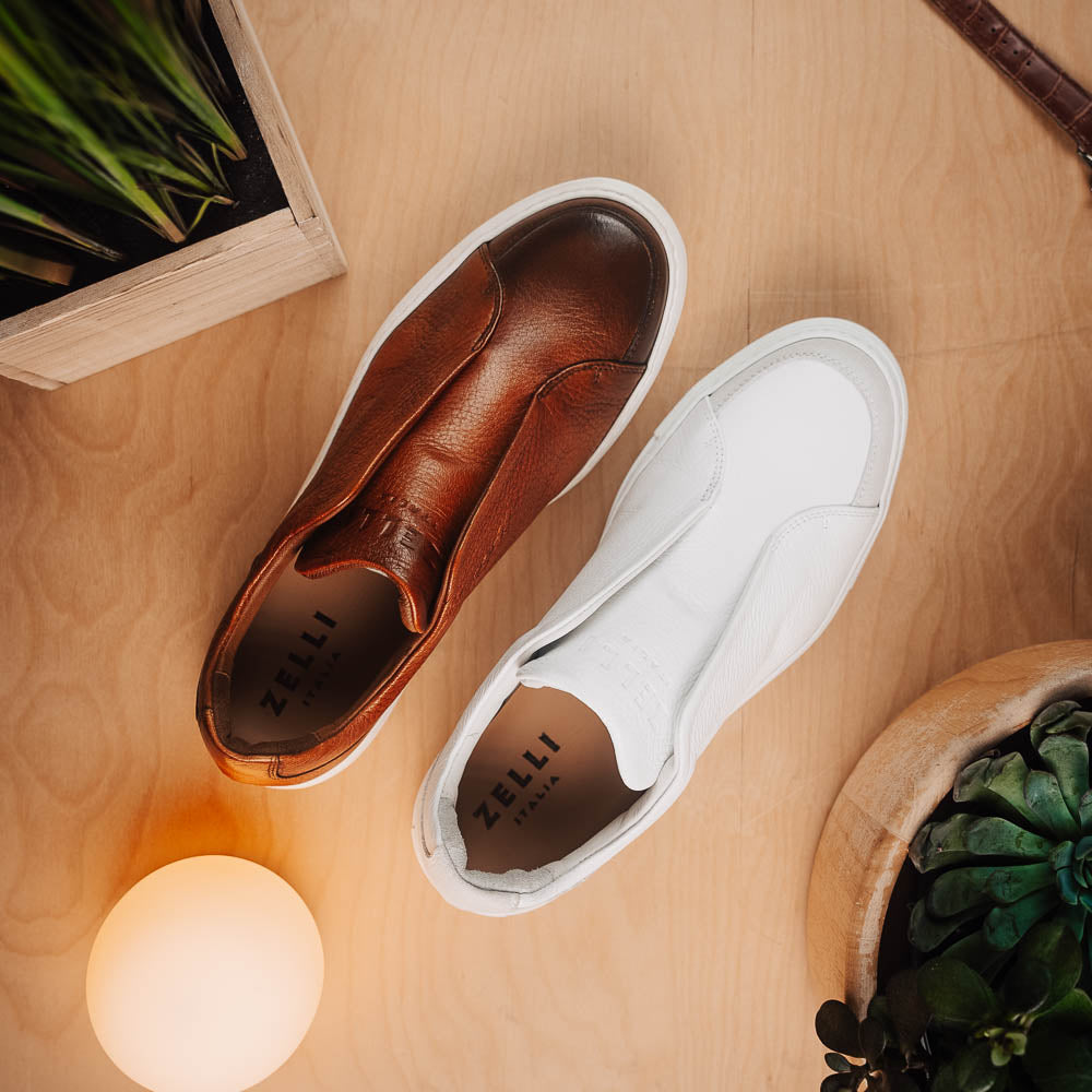 Zelli Spettacolare Pebble Grain Slip On Sneakers Cognac