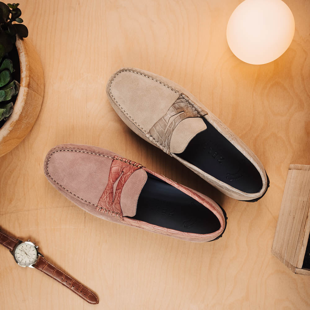 Zelli Monza Suede & Crocodile Driving Shoes Candy