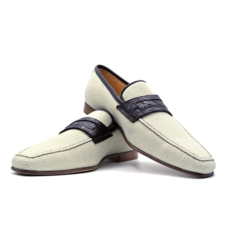 Zelli Woven Twill & Crocodile Loafers Cream